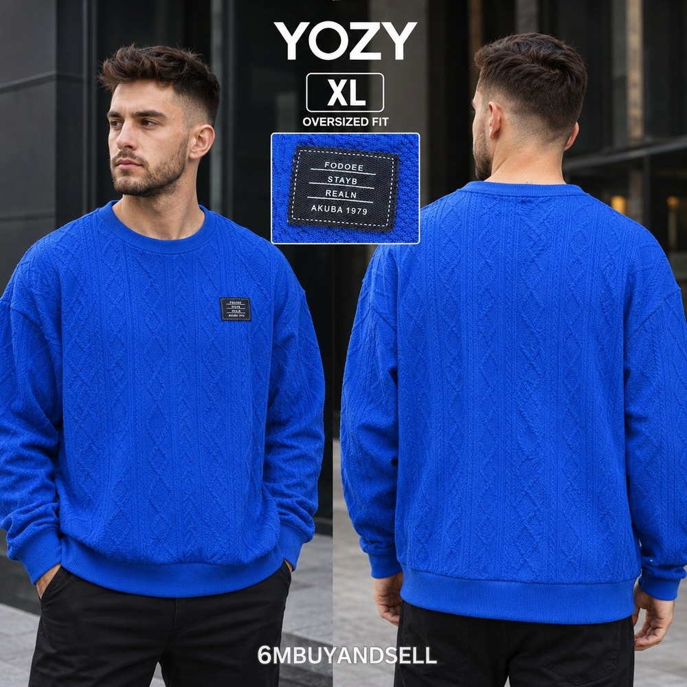YOZY Royal Blue Cable Knit Textured Crewneck Sweatshirt Mens XL Oversized Fit